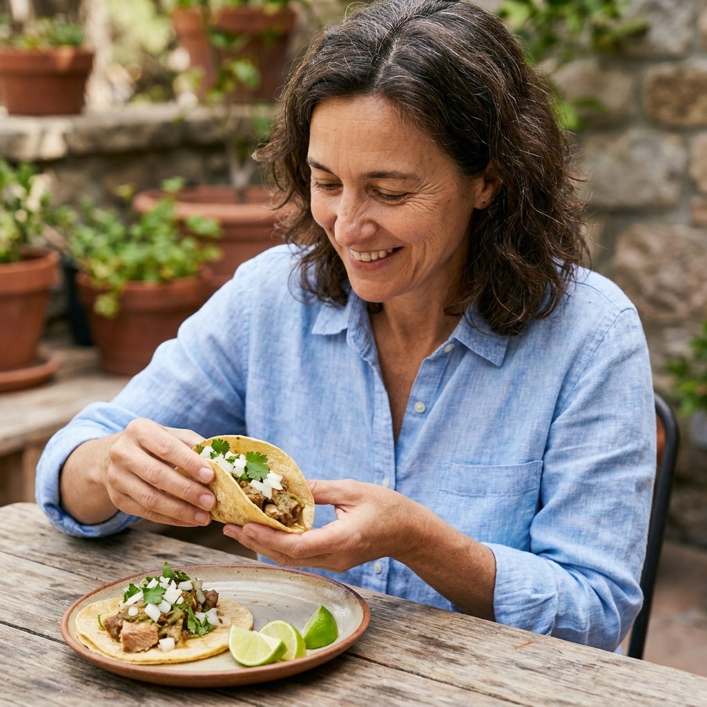 Two corn tortilla tacos filled with pork chile verde, topped with diced white onion and fresh cilantro, with lime wedges nearby