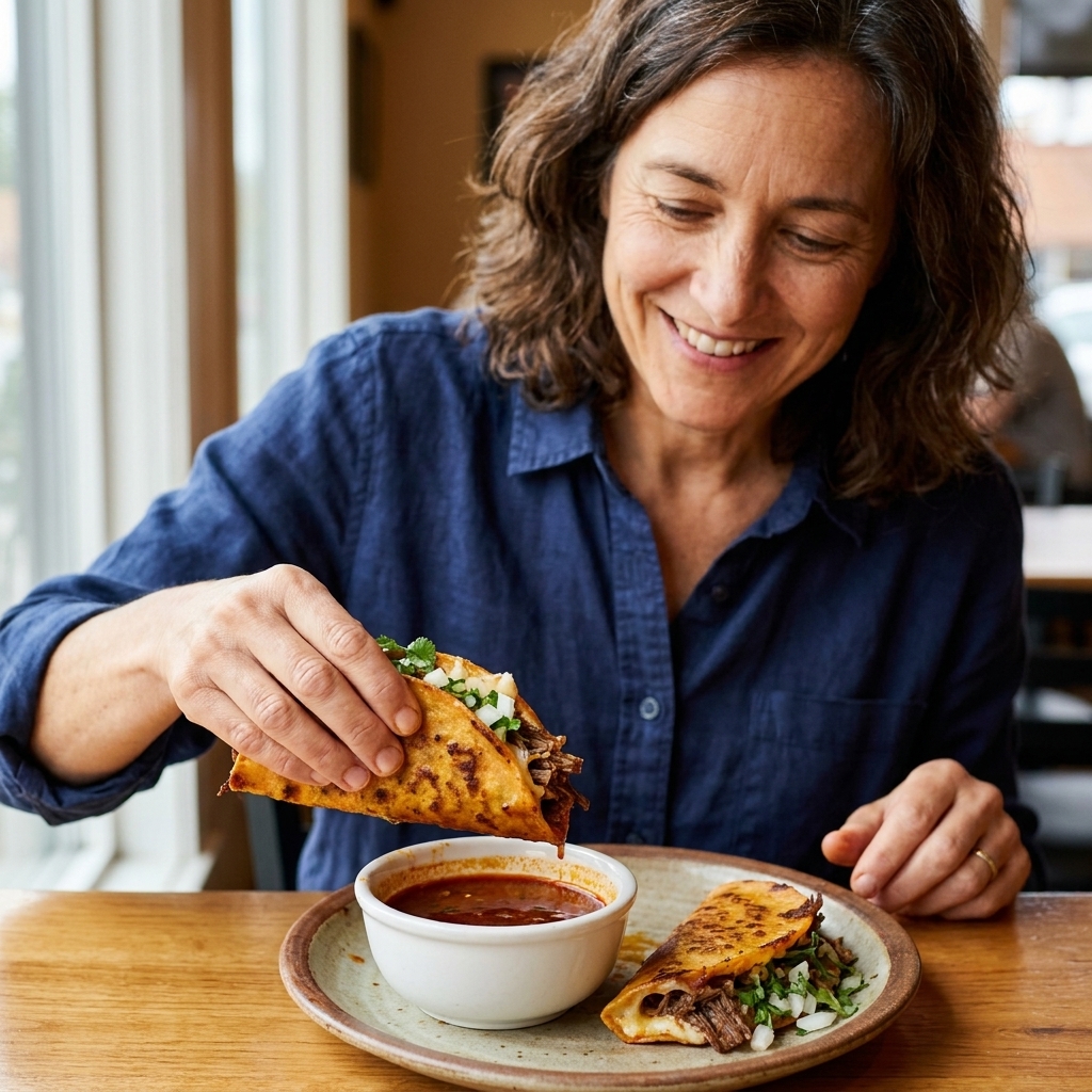 Two crispy birria tacos on a plate with a small bowl of red consommé for dipping, topped with chopped onion and cilantro