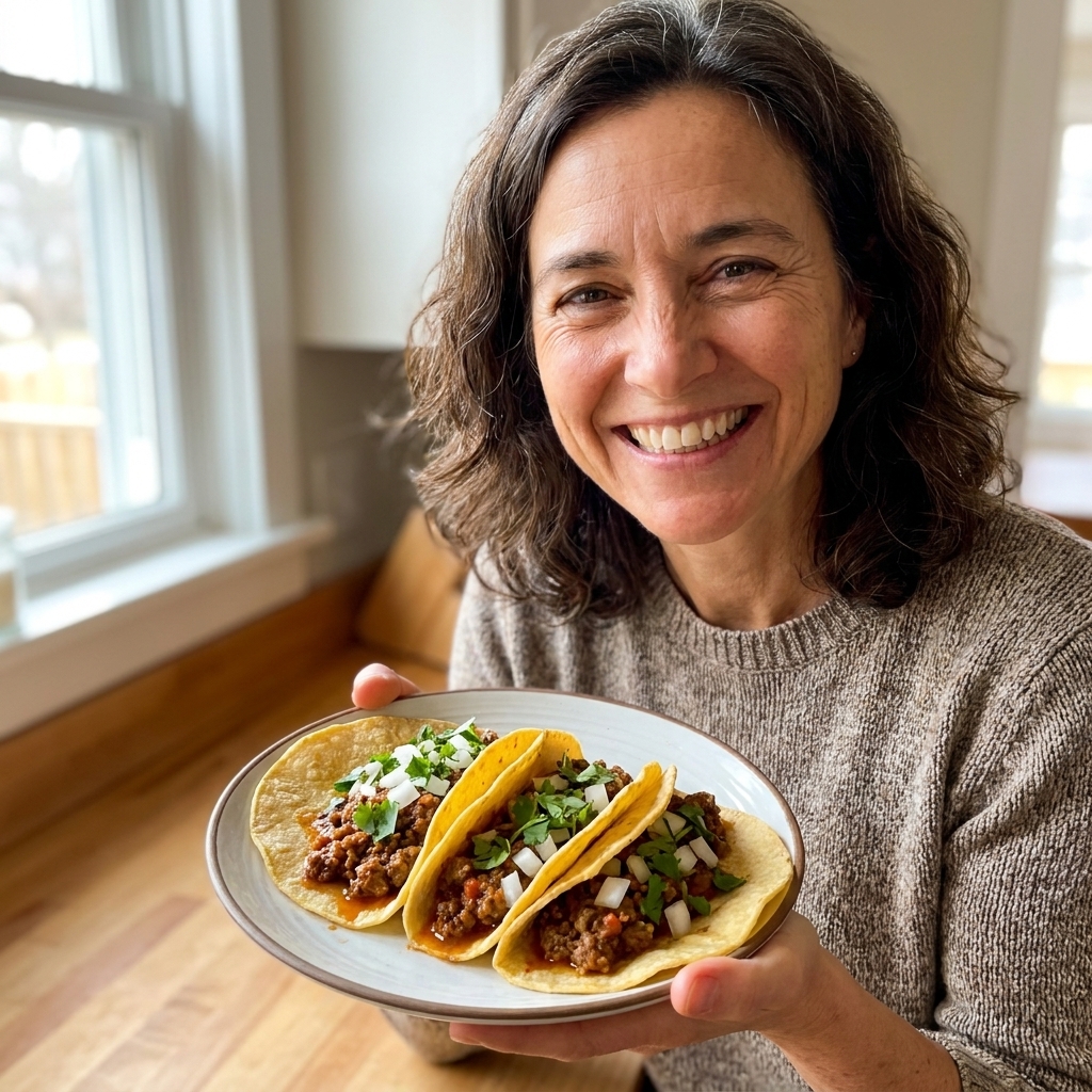 Warm corn tortillas filled with saucy beef picadillo and topped with chopped cilantro and diced white onion