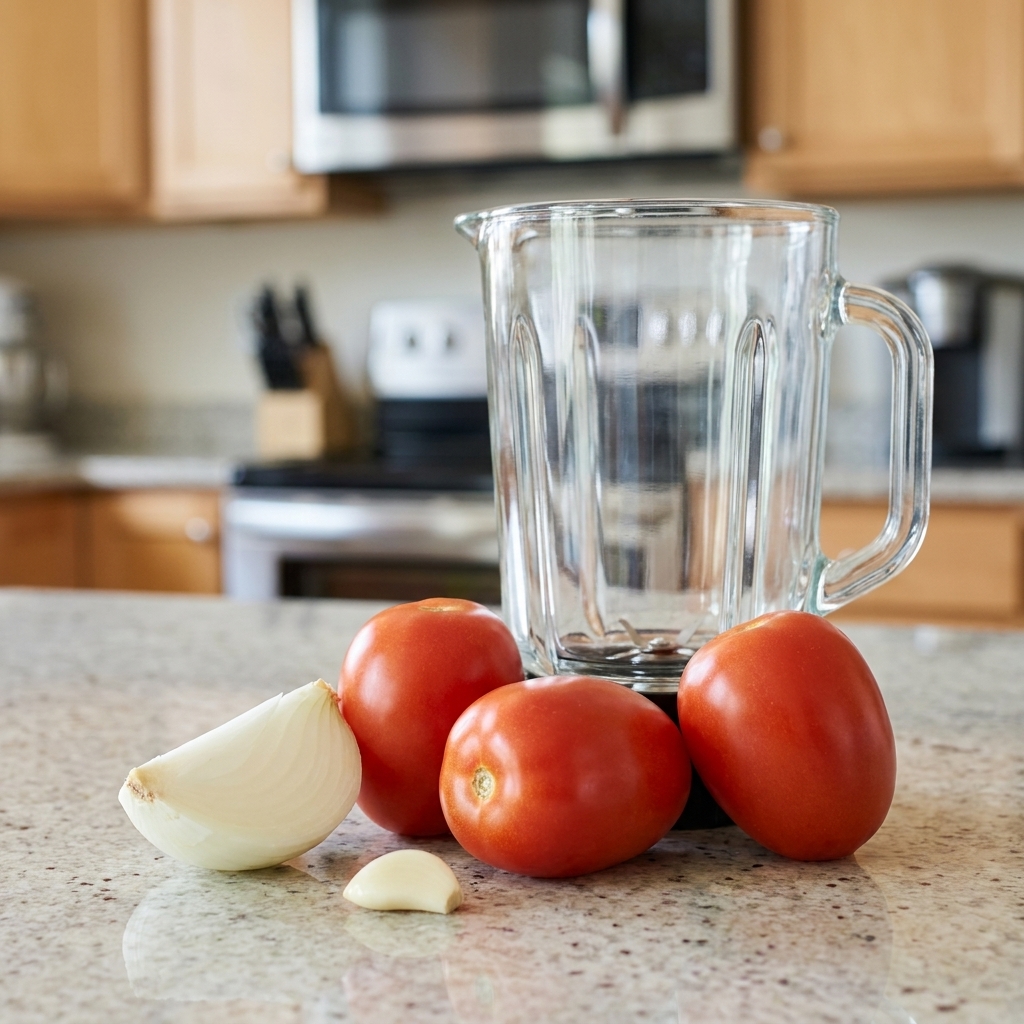Whole Roma tomatoes, a wedge of white onion, and a peeled garlic clove arranged next to a blender jar on a kitchen counter