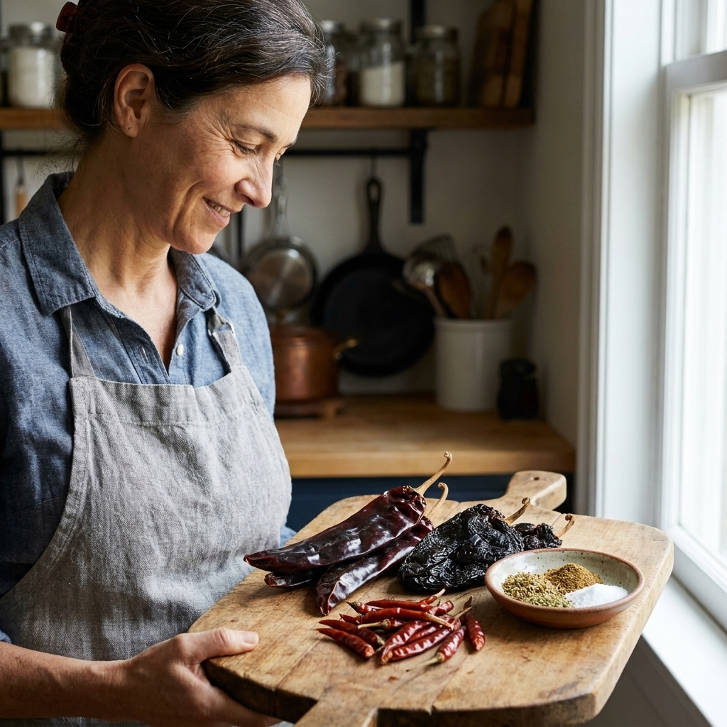 Whole dried guajillo, ancho, and arbol chiles on a wooden cutting board next to a small bowl of spices