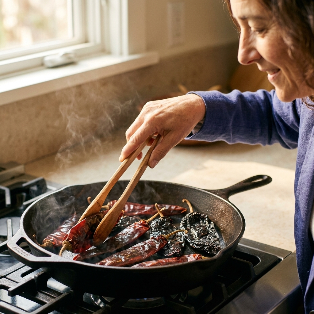 Whole dried guajillo and ancho chiles toasting in a dry skillet on a stovetop, photographed close up with warm natural lighting